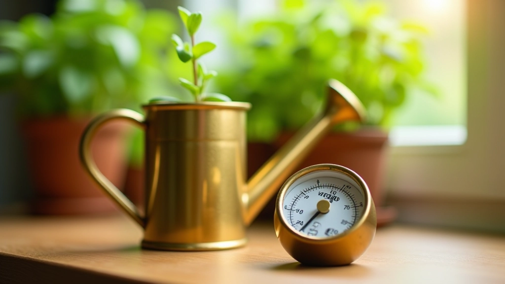 Small brass watering can and soil moisture meter on wooden table next to potted parsley