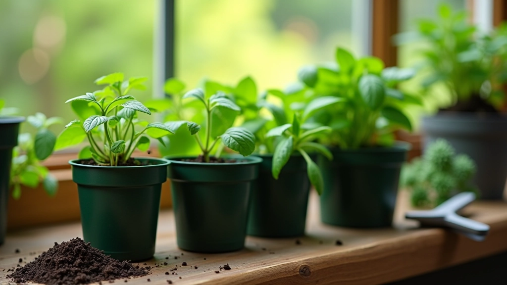 Drainage containers, potting soil, and gardening tools for setting up indoor herb planters