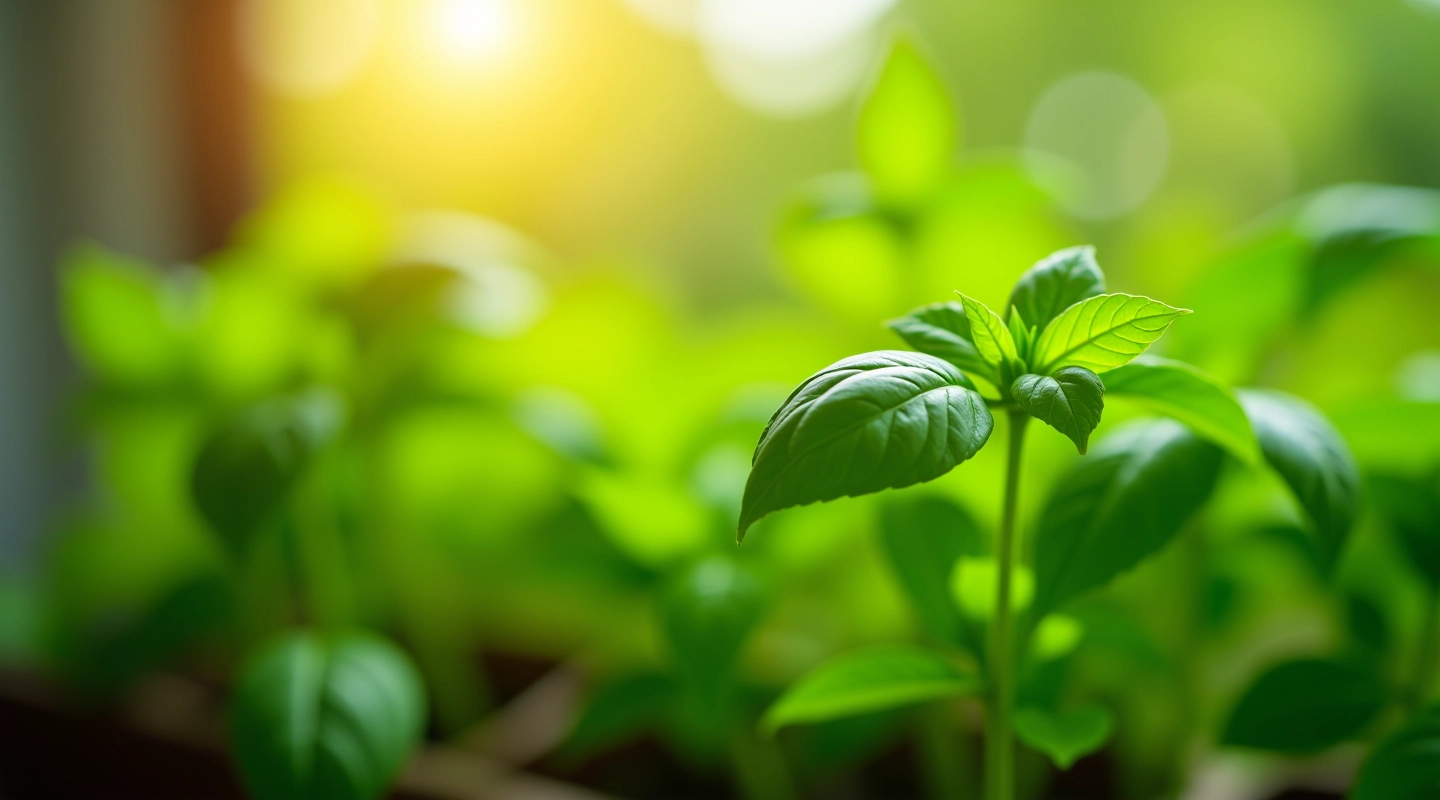 Fresh basil leaves on green plant with morning light, selective focus on healthy herb growth
