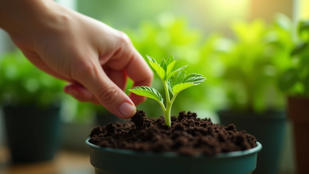 Close-up of finger inserted into herb pot soil to test moisture level, windowsill background
