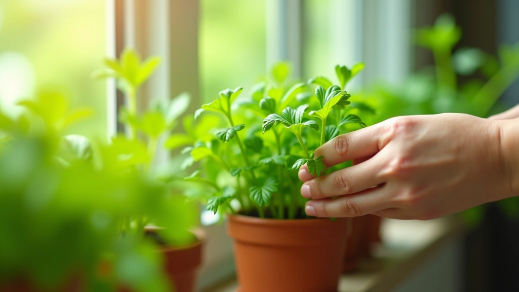 Hands harvesting parsley sprigs from potted plant on bright windowsill, showing proper leaf selection technique