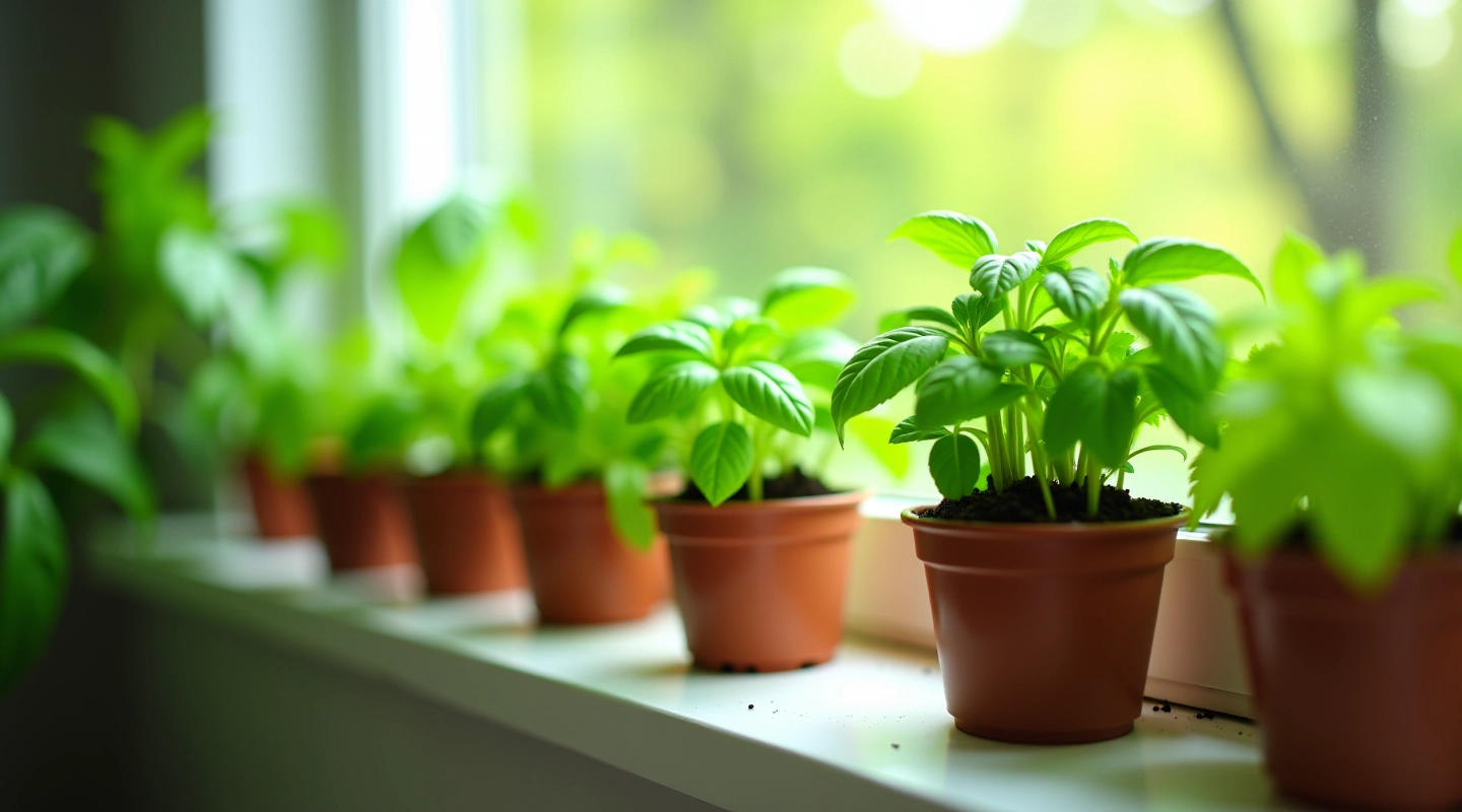 Indoor herb garden containers on a bright windowsill with fresh basil, parsley, and mint in various pots with visible soil