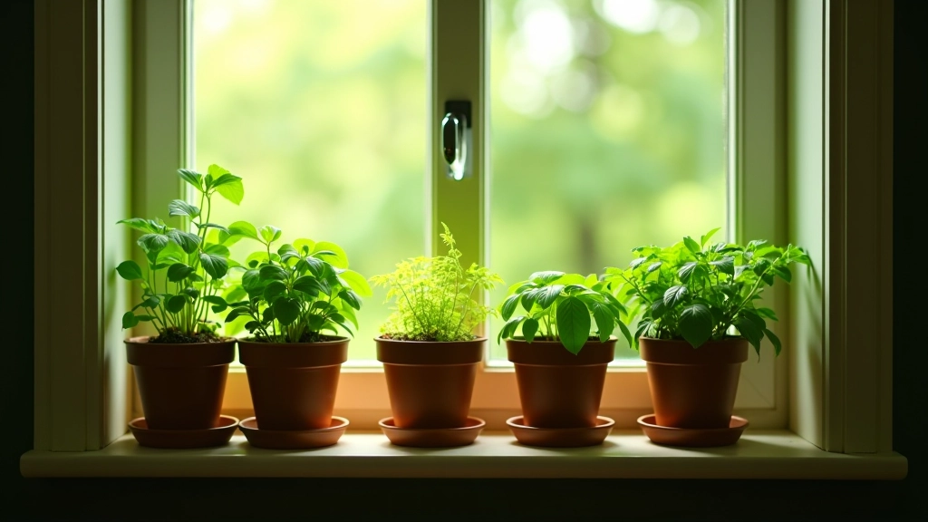 Partial shade windowsill with potted herbs receiving filtered light, showing low-light herb growing setup