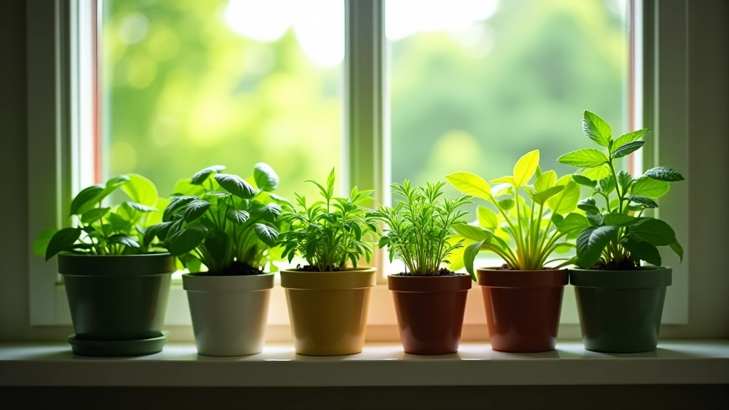 Potted herbs arranged on a partially shaded windowsill in apartment