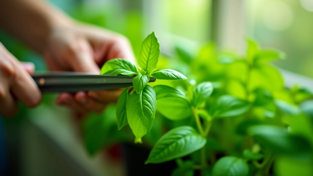 Scissors cutting fresh basil leaves from a mature herb plant for harvesting