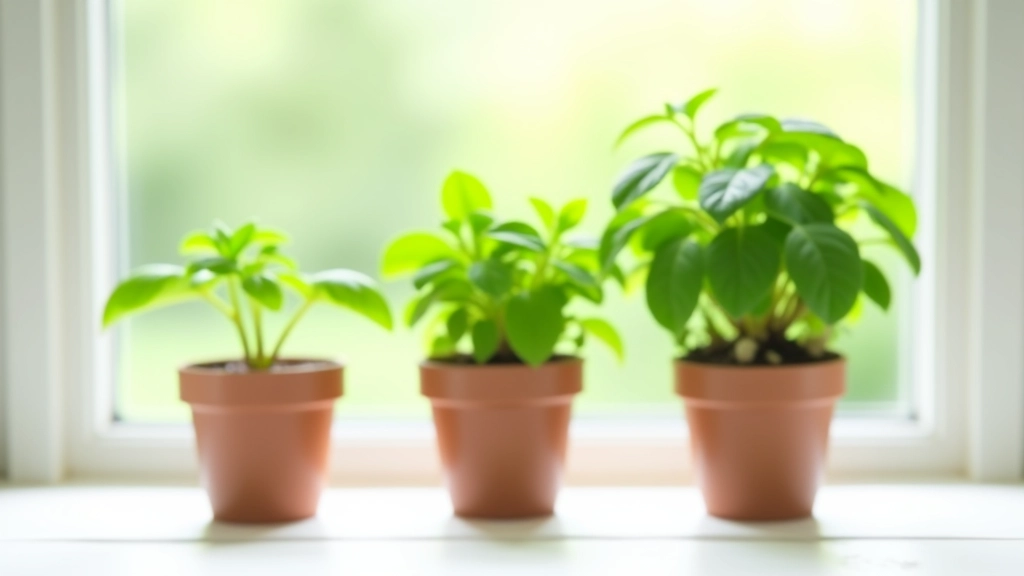 Three herb pots in different sizes arranged by height showing 4-inch, 6-inch, and 8-inch containers with young herb plants, labeled with measurements