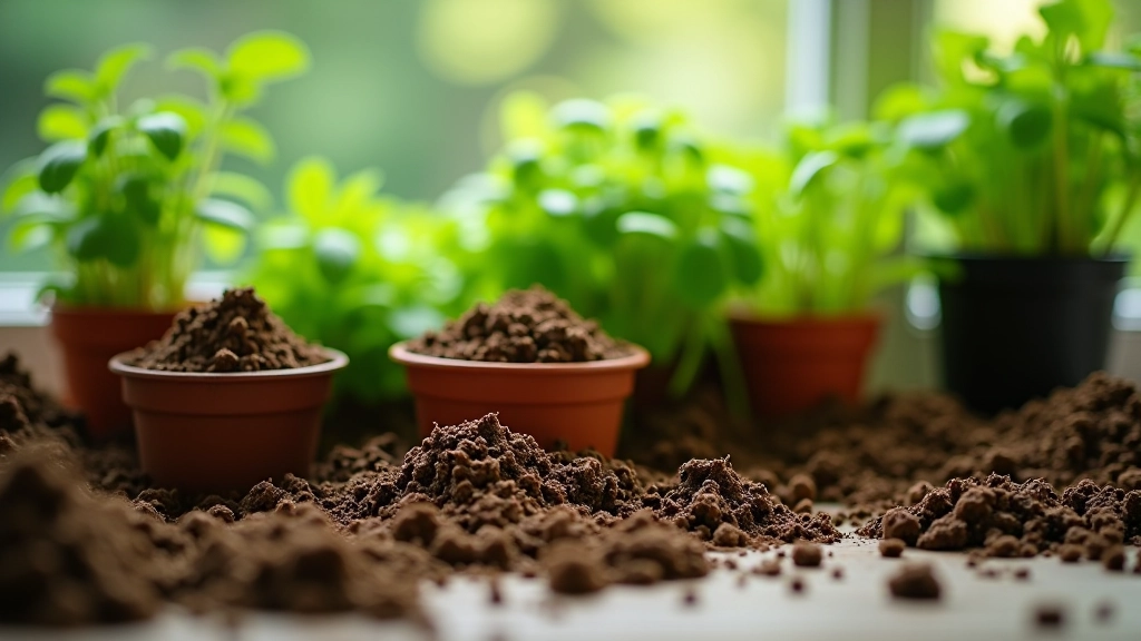Various potting soil types and containers arranged on surface for herb gardening