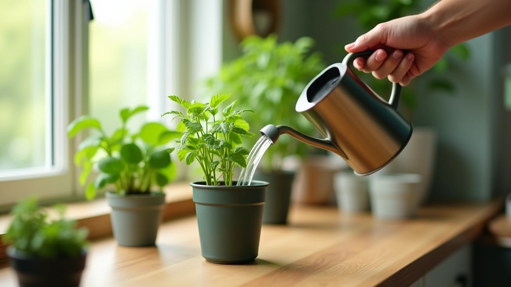 Watering can pouring water into potted herb plant on kitchen counter, demonstrating proper watering technique