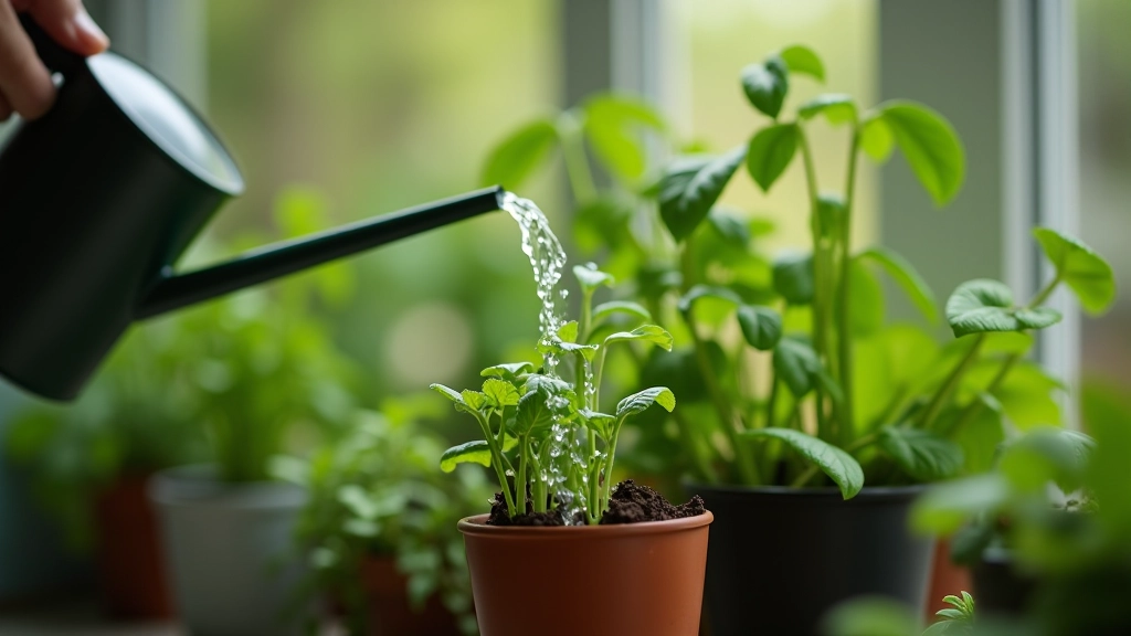 Watering can pouring water into an herb pot, showing proper watering technique for indoor plants