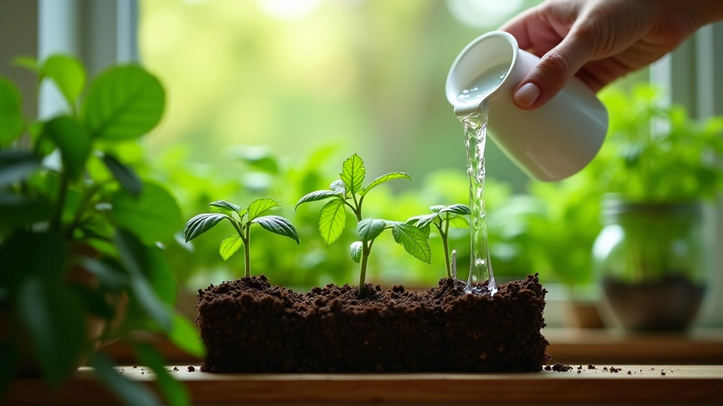 Watering indoor herb garden with proper moisture levels shown through soil comparison